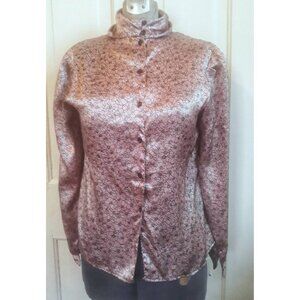 Vintage 1980s era ladies satin mauve blouse with floral print. Size 8 petite.